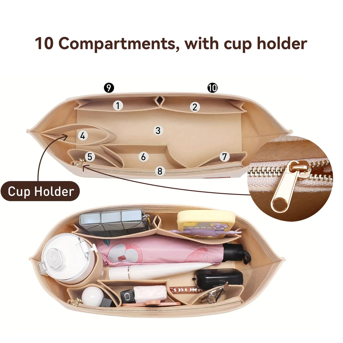Organizador de cartera de fieltro beige con 10 compartimentos y soporte para taza.