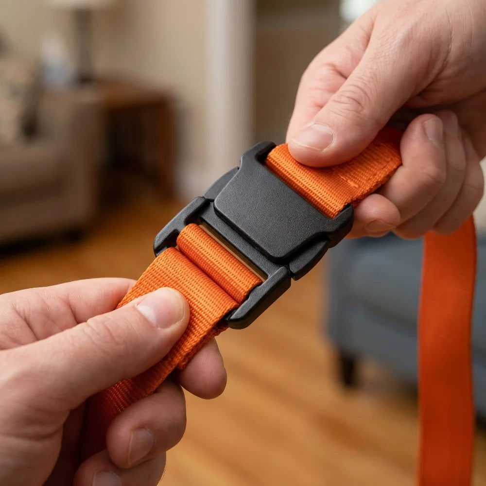 A hand is adjusting an orange and black adjustable furniture moving strap for securing items.
