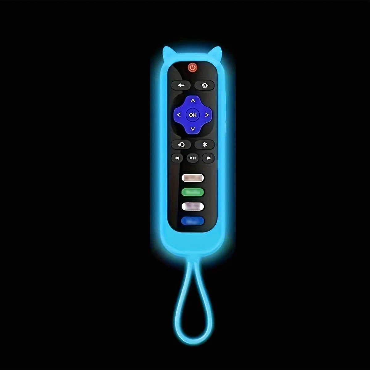 A glow-in-the-dark silicone cover for a TV remote control with cat ear shaped accents.
