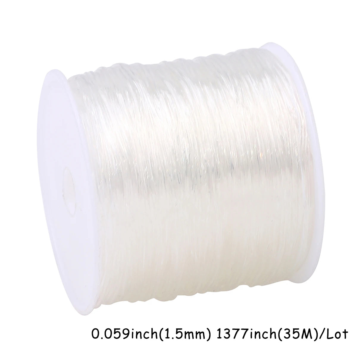 A spool of transparent elastic cord for jewelry making and beading.