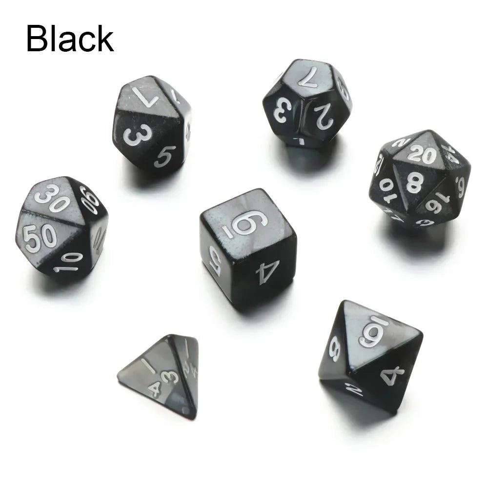 A set of matte black polyhedral dice including a d6, d8, d10, and d20.
