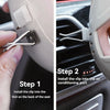 Step 1 shows a hand installing a clip into a slot on the back of a car seat.