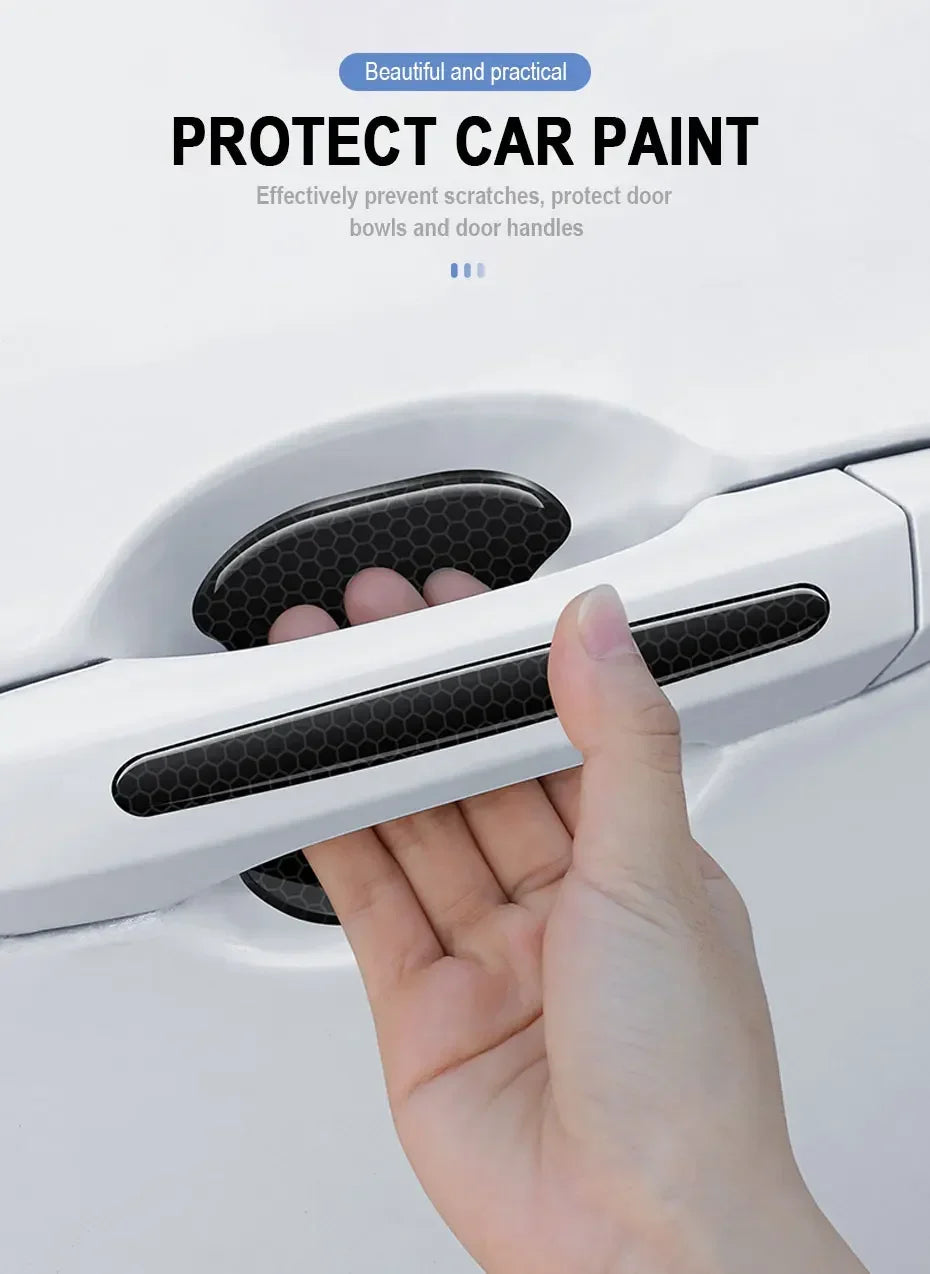 A hand is holding a white car door handle, demonstrating the protective function of car paint stickers.