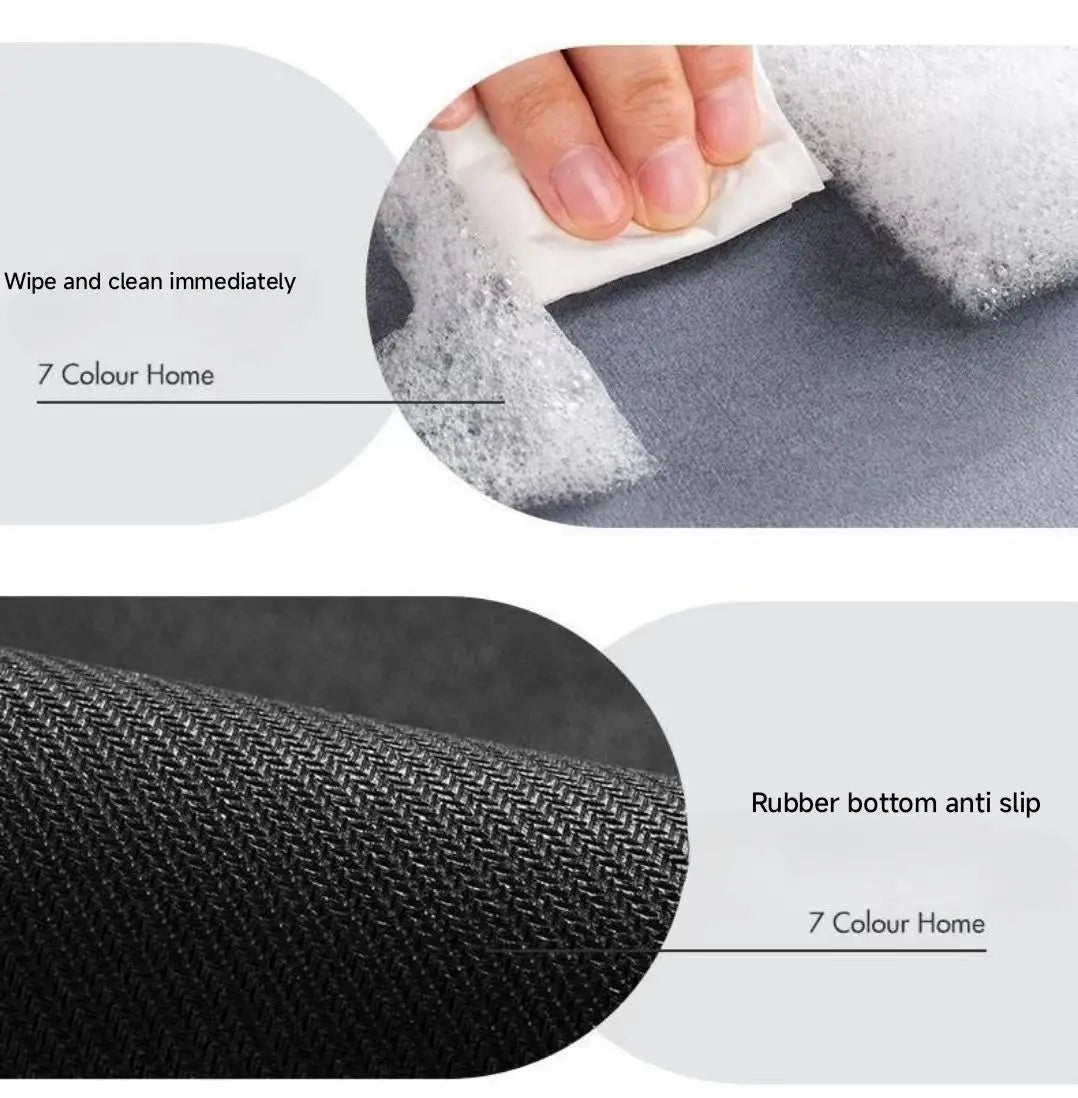 Close-up of a grey bath mat showing its texture and rubber bottom, with text indicating 7 Colour Home.