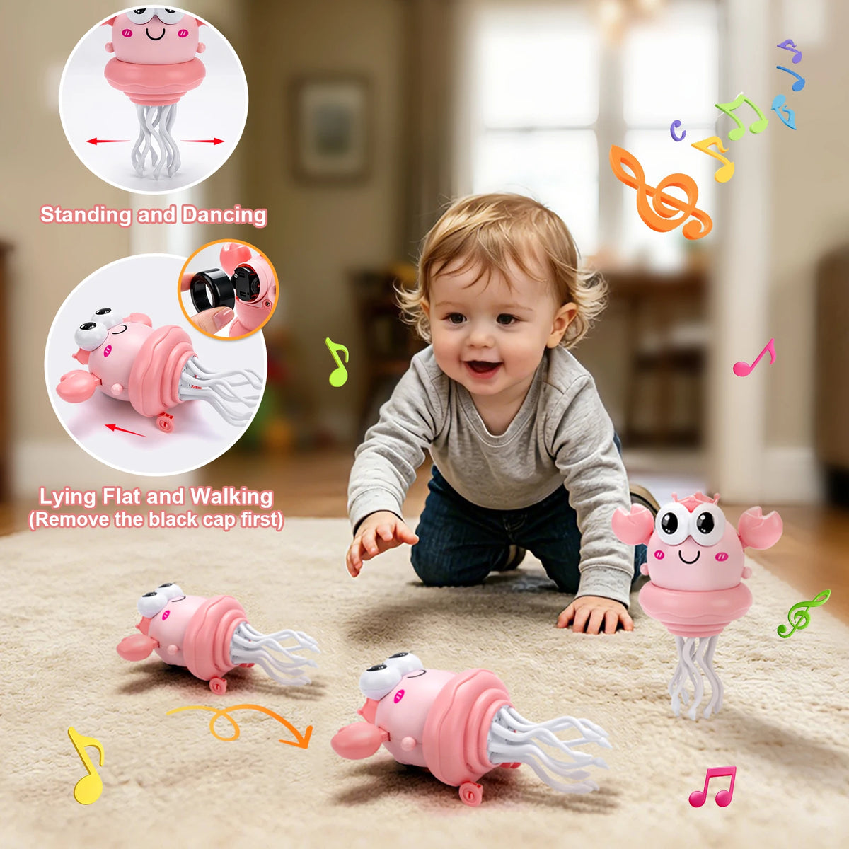 A baby is playing with a pink interactive dancing squid toy, shown alongside its components and usage ideas.