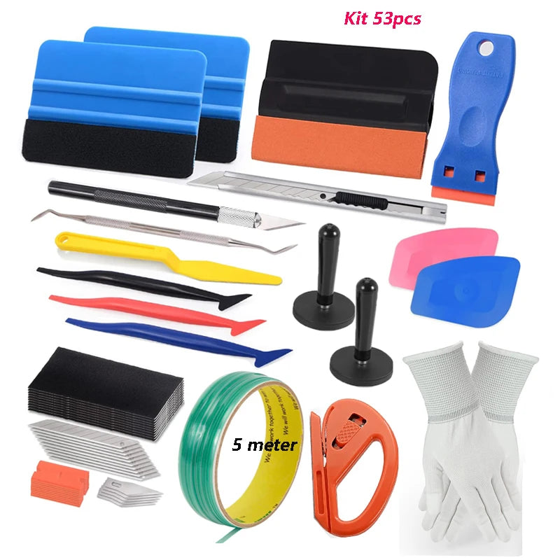 A kit of vinyl wrap and window tint tools including blades, rollers, and application tools.