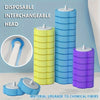 A set of disposable interchangeable toilet brush heads in yellow and blue, with a purple brush shown, highlighting material u