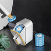 A white disposable toilet cleaning brush with a blue head is shown next to a stack of blue cleaning brushes.