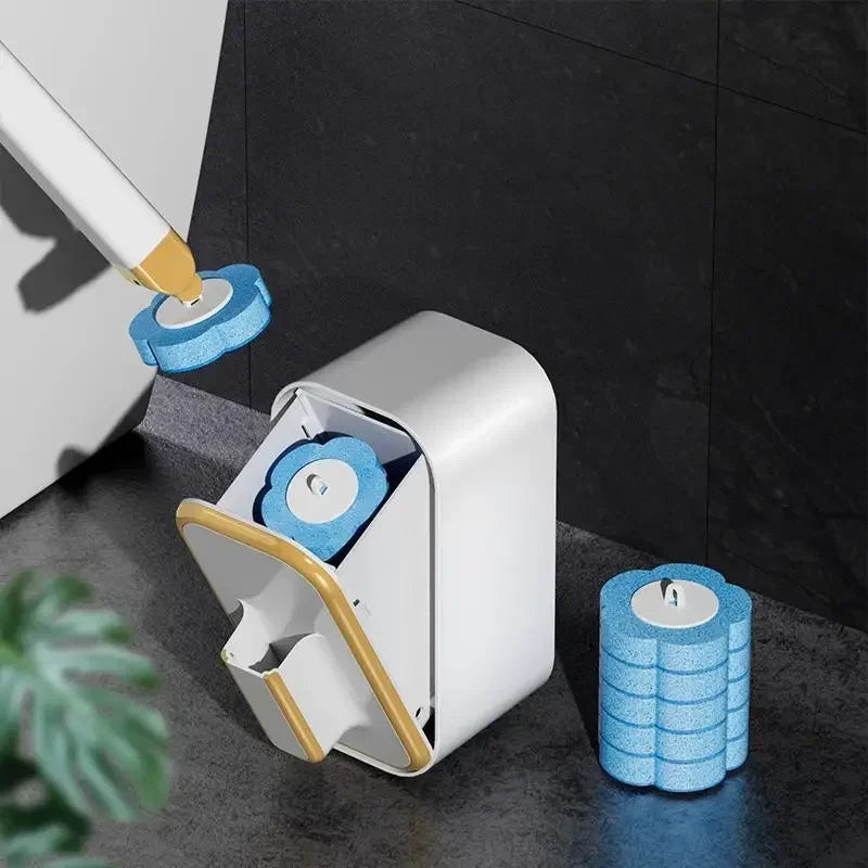A white disposable toilet cleaning brush with a blue head is shown next to a stack of blue cleaning brushes.
