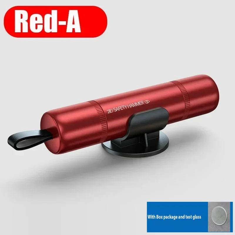A red safety hammer tool with a black handle and base, shown against a light gray background.