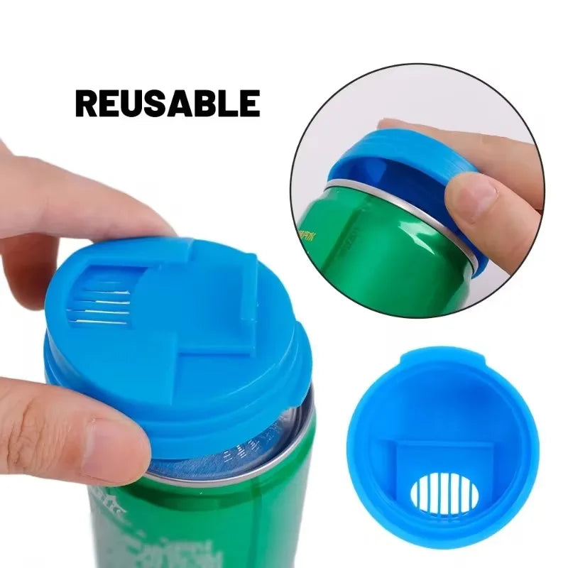 A hand is holding a reusable blue leakproof can cover for a green soda can, showing the top and bottom parts.