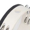 A close-up view of a white wooden tambourine with silver jingle bells and a black strap.