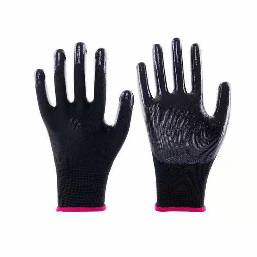 A pair of black nitrile-coated nylon work gloves shown against a white background.