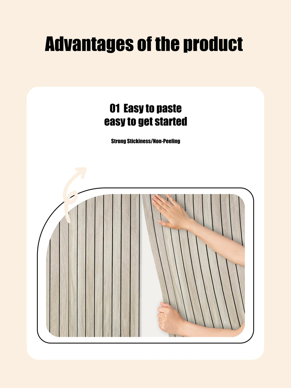 A hand is applying a peel-and-stick wallpaper with a 3D grille pattern onto a surface.