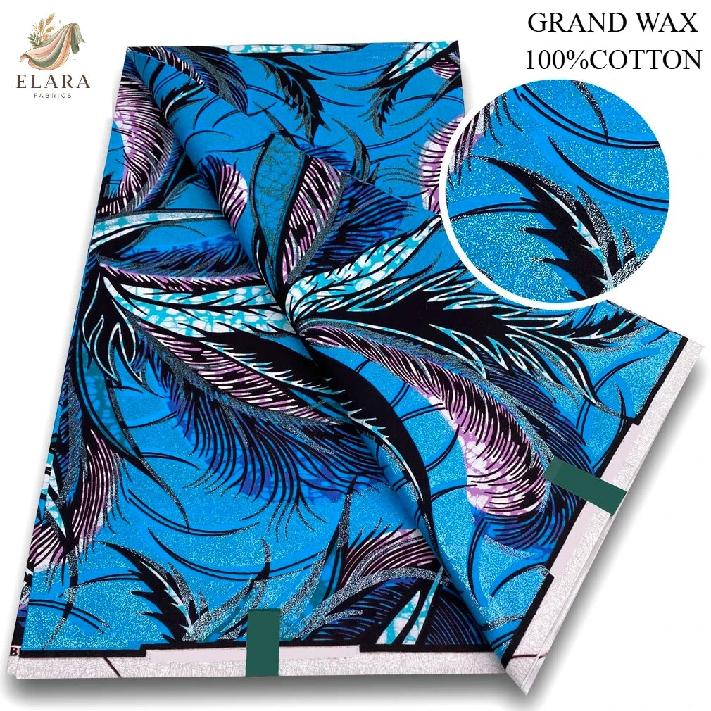 Blue and purple glitter African wax print fabric featuring feather patterns