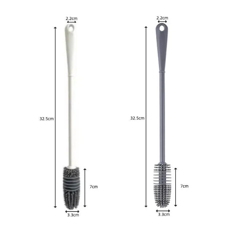 A silicone bottle brush with a long handle shown in a vertical orientation.