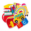 A collection of ten back to school iron-on patches featuring letters, a school bus, and other educational themes.