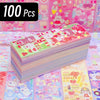 A stack of colorful kawaii stickers for journaling and crafts, featuring various cute designs on pink and pastel backgrounds.