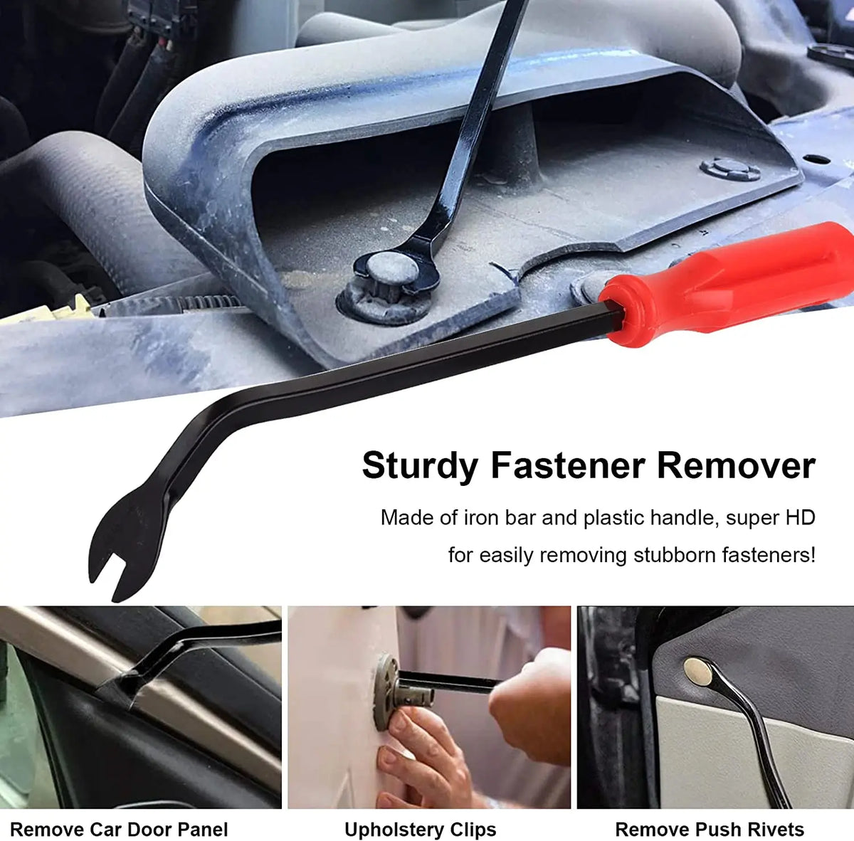 A sturdy fastener remover tool kit made of iron bar and plastic handle for easily removing stubborn fasteners.