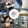 A close-up of hands working on an engine component, next to a storage case containing waterproof solder seal wire connectors.