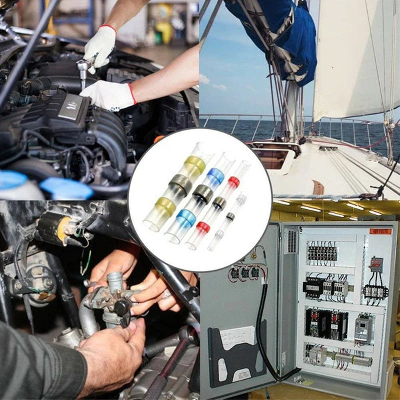 A close-up of hands working on an engine component, next to a storage case containing waterproof solder seal wire connectors.