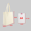 A beige canvas shopping tote bag shown with its dimensions and an A4 sized paper for scale.