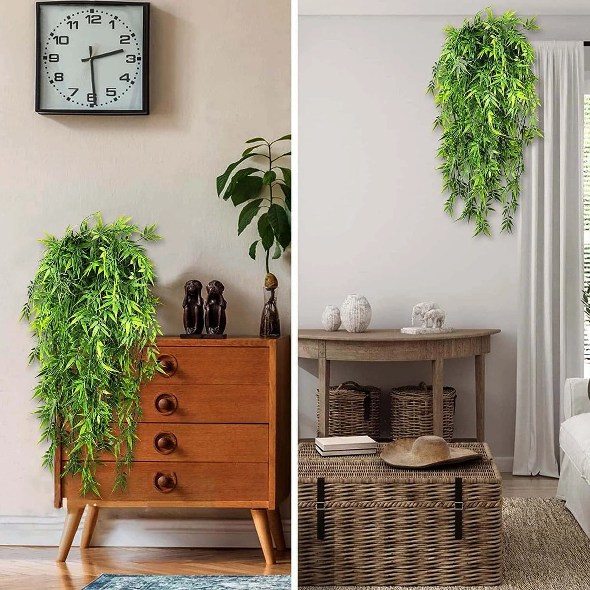Artificial green hanging vine greenery displayed next to a wooden cabinet and clock.