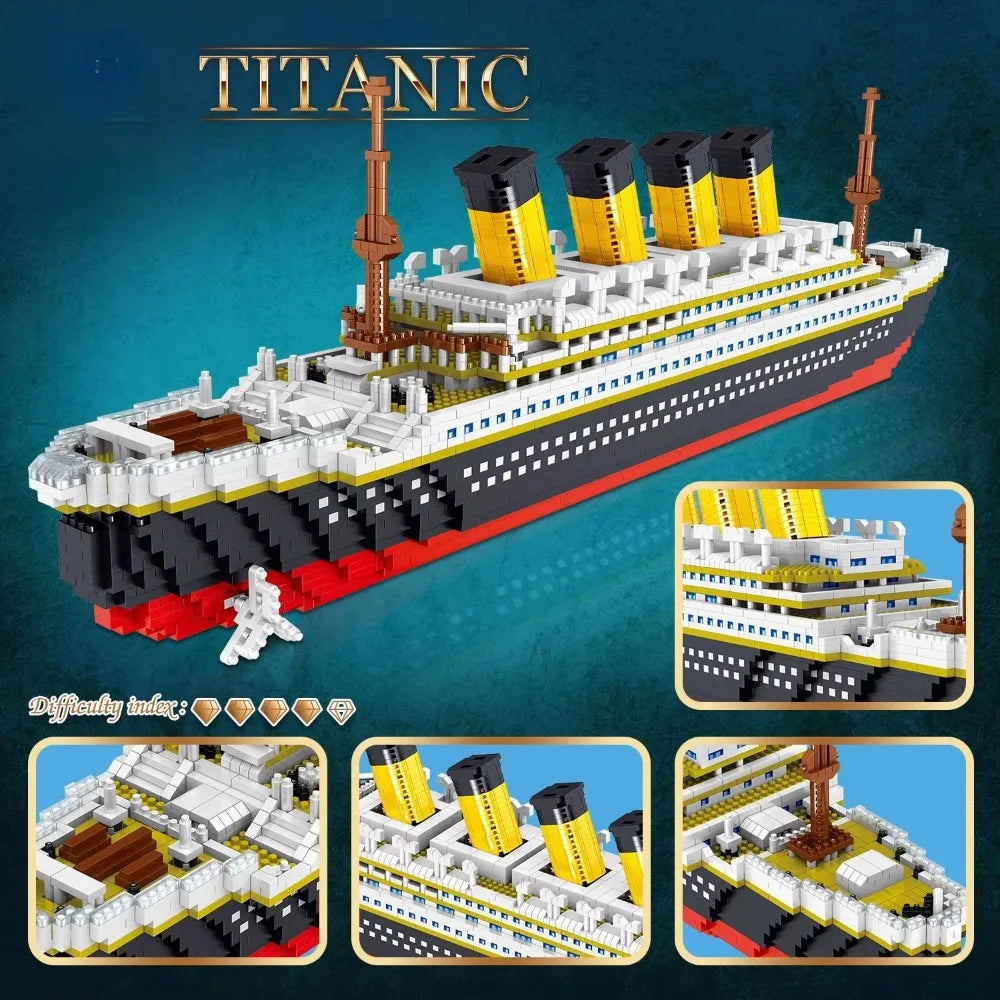 A detailed LEGO model kit of the Titanic ship, featuring white and black hull with yellow funnels.