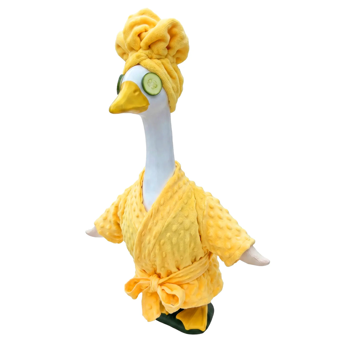 A yellow outfit for a porch goose featuring a matching yellow chef hat and a green garnish on the beak.