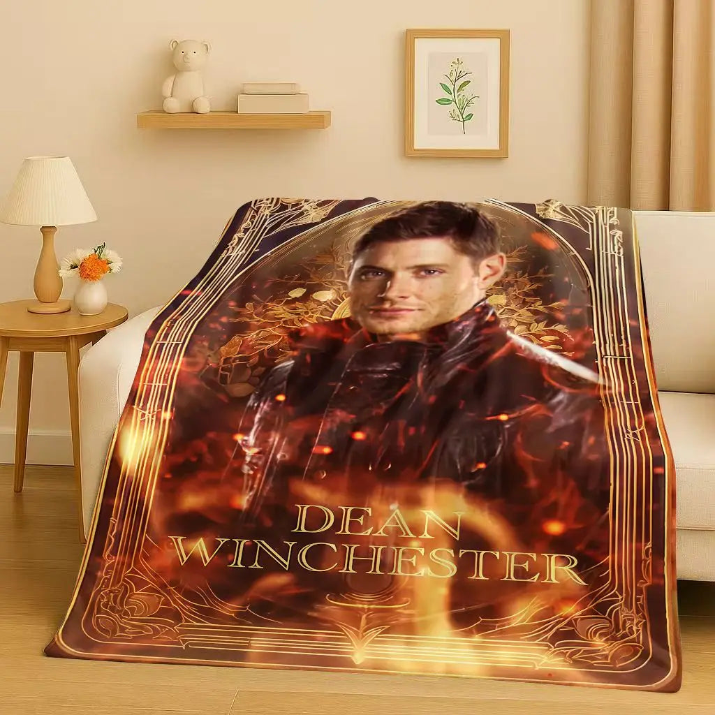A large print featuring Dean Winchester from the Supernatural TV show on a blanket.