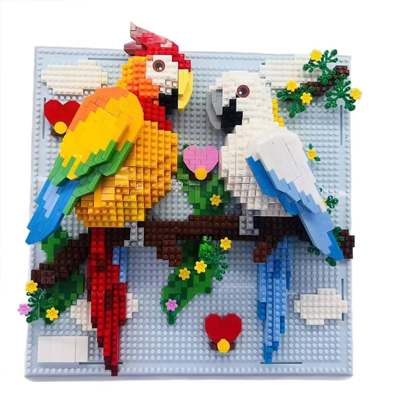 A colorful 3D mosaic building block wall art kit depicting a bird perched on a branch with green foliage.