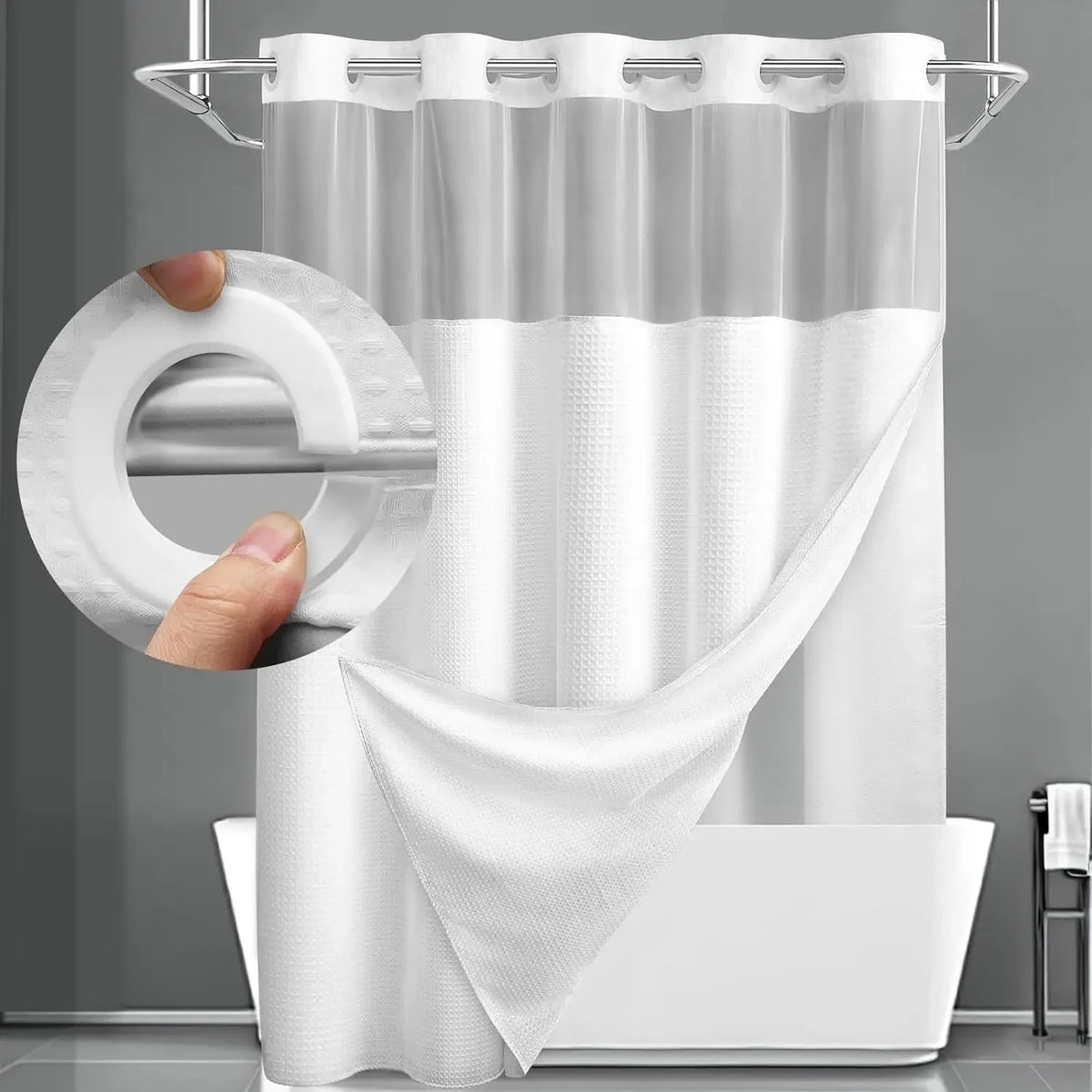 Double-Layer Waffle Shower Curtain with Built-in Snap Liner