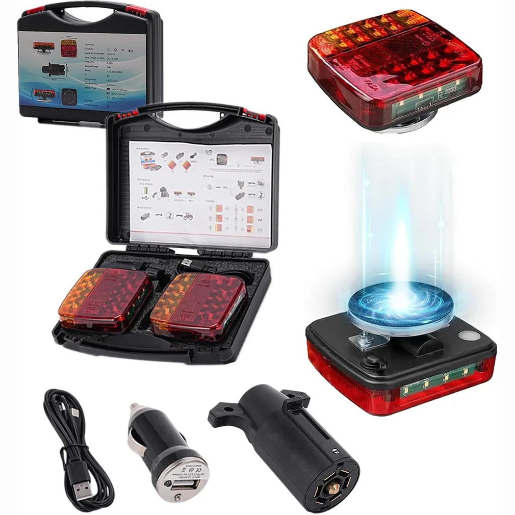 A set of wireless magnetic trailer tail lights, including a main light unit and a remote transmitter.