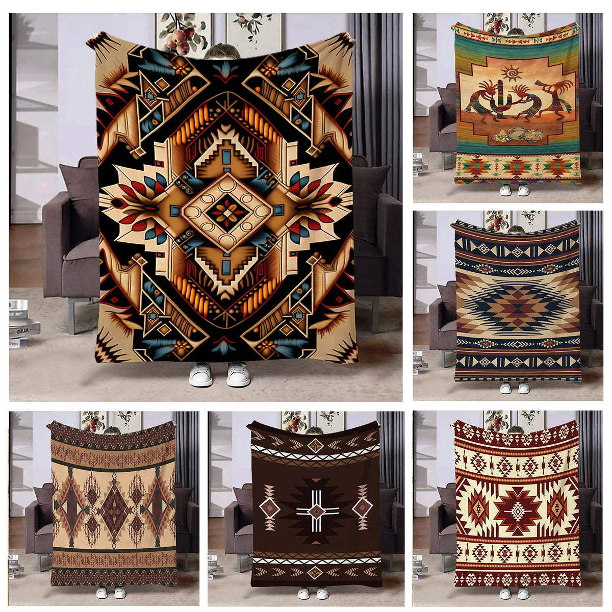 A collection of various ethnic print flannel throw blankets featuring geometric patterns in earthy tones.