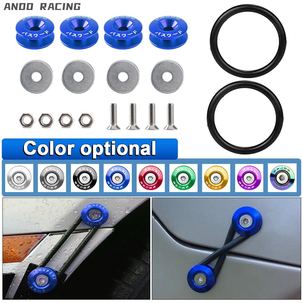Set of blue aluminum quick release fasteners for automotive bumpers and body panels with color options