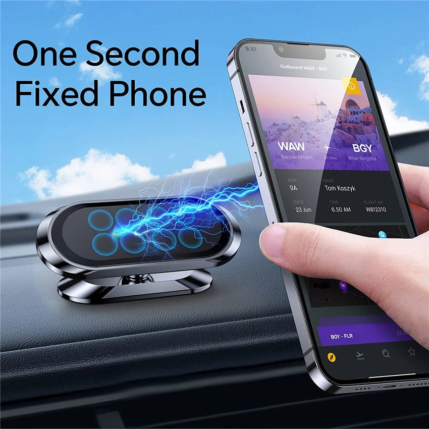 Eine Hand hält ein Smartphone neben einen silbernen magnetischen Handyhalter, der eine einsekündige feste Telefonfunktion dem