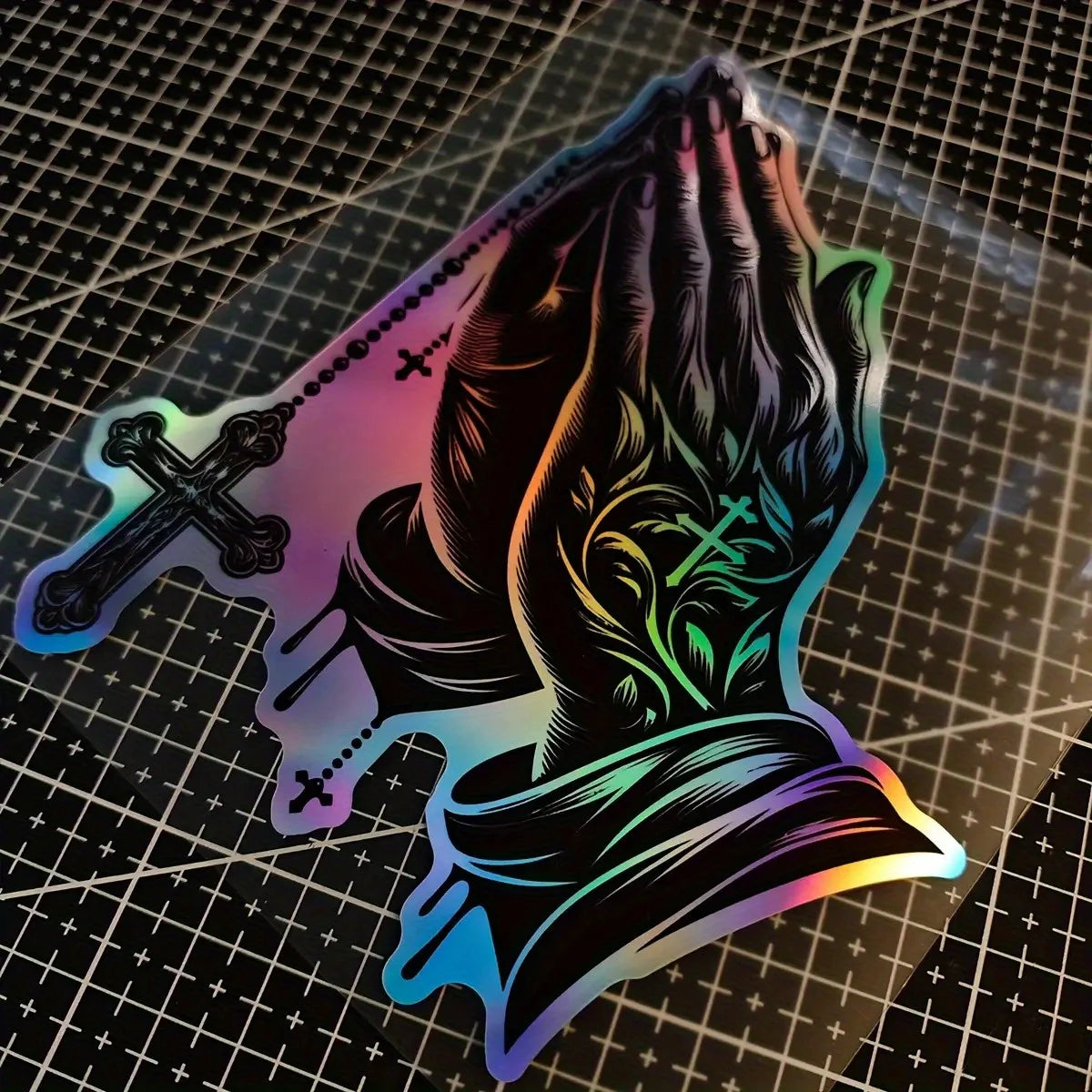 Religious Praying Hands Cross Decal – Black & Purple Gradient PVC Sticker