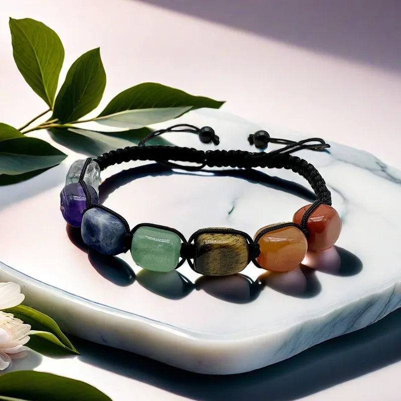 Natural Stone Chakra Bracelet with Adjustable Braided Cord