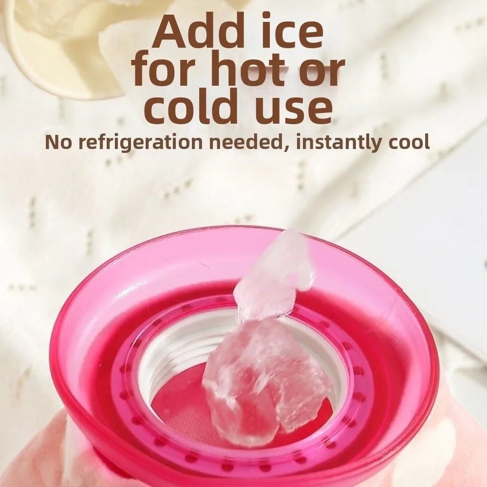 A pink plastic container with ice cubes is shown, illustrating how to add ice for hot or cold use.