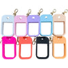 A set of silicone protective cases for hand sanitizer spray with metal keyrings in various pastel colors.