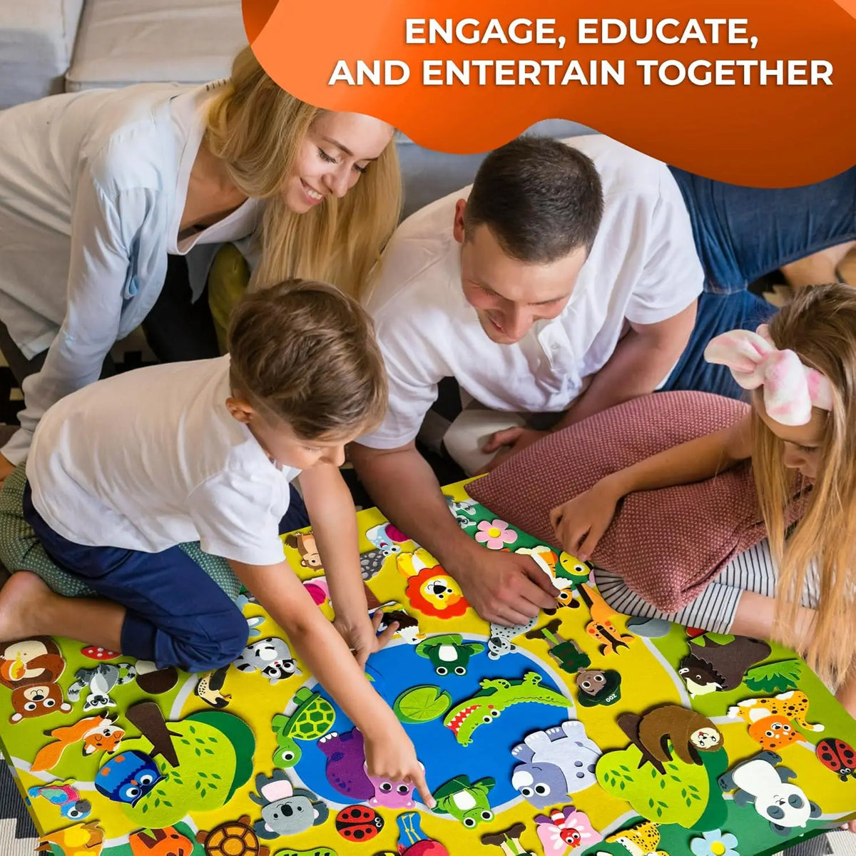 Three children are engaging with a colorful zoo animals felt storytelling board set.
