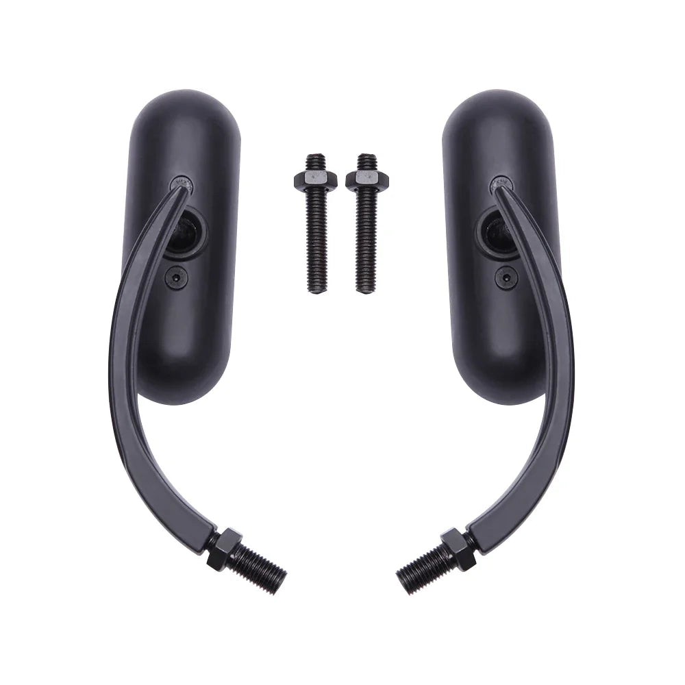 A pair of universal chrome black motorcycle side rear view mirrors with mounting bolts.