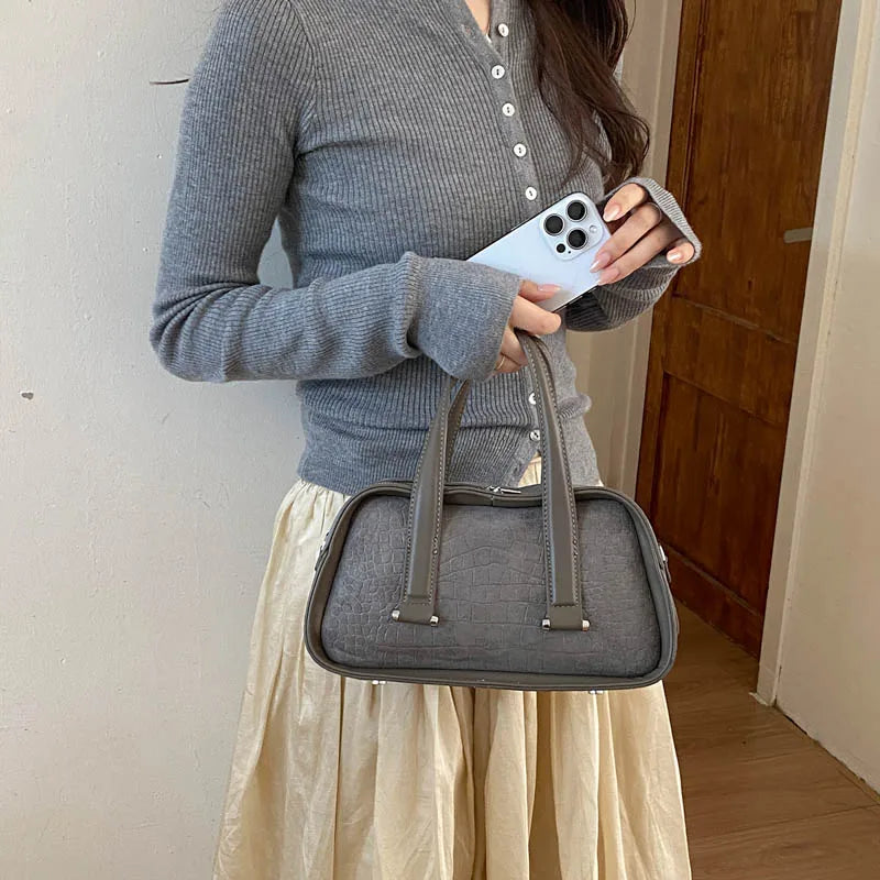 Vintage Croc-Embossed Mini Boston Bag with Dual Straps