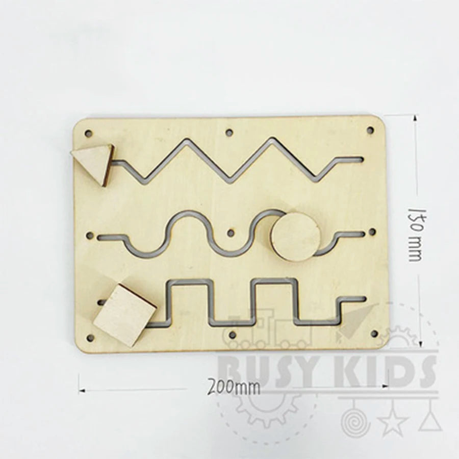 A wooden busy board with various interlocking puzzle pieces and components for fine motor skill development.