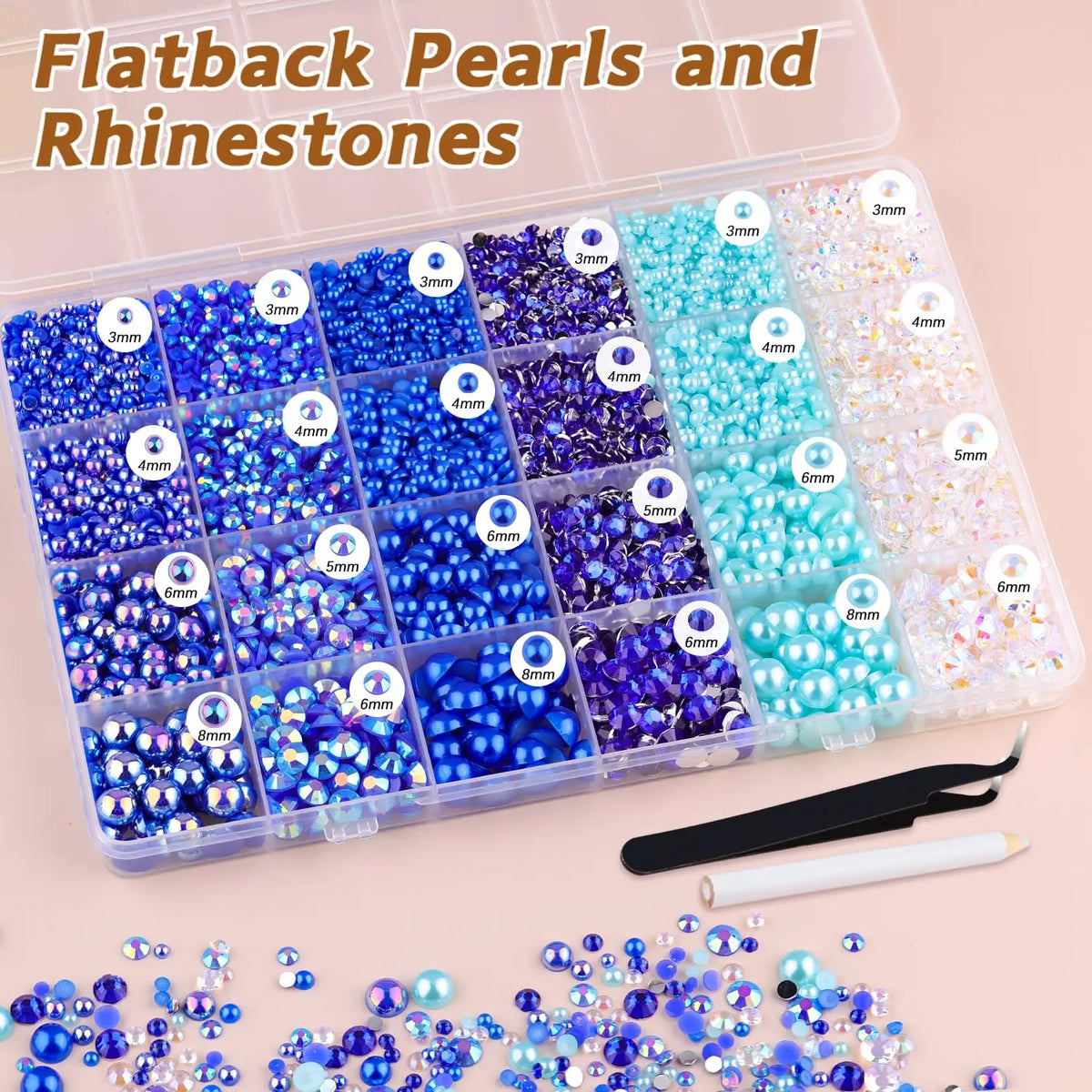A clear plastic box of flatback pearls and rhinestones with a pair of tweezers and a white pencil.
