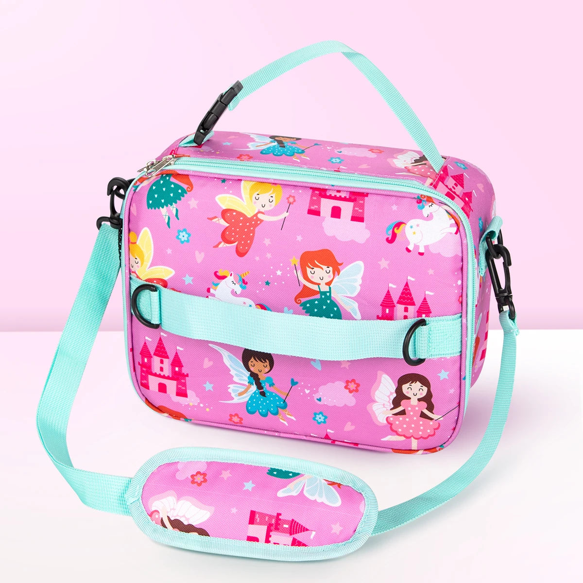 A pink insulated lunch bag with a light blue strap featuring a princess and fairy theme.