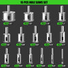 A set of fifteen precision diamond hole saws with various diameters shown in a grid format.