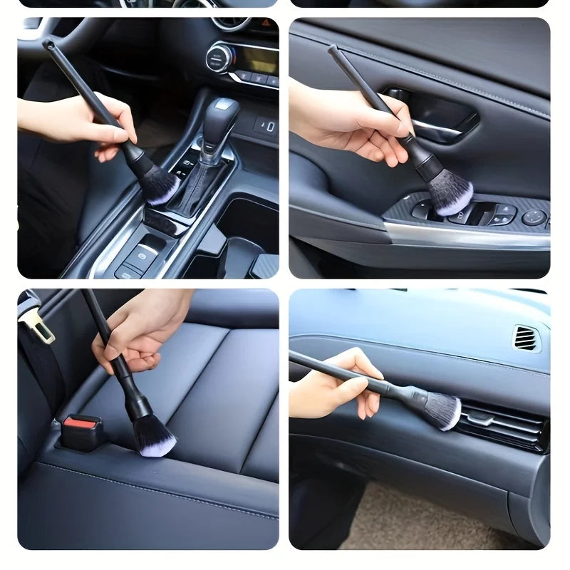 Hands using a soft bristle detailing brush to clean and detail the interior of a car.