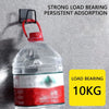 A clear plastic bottle with a red label is shown hanging from a black wall mount, demonstrating strong load bearing adsorptio