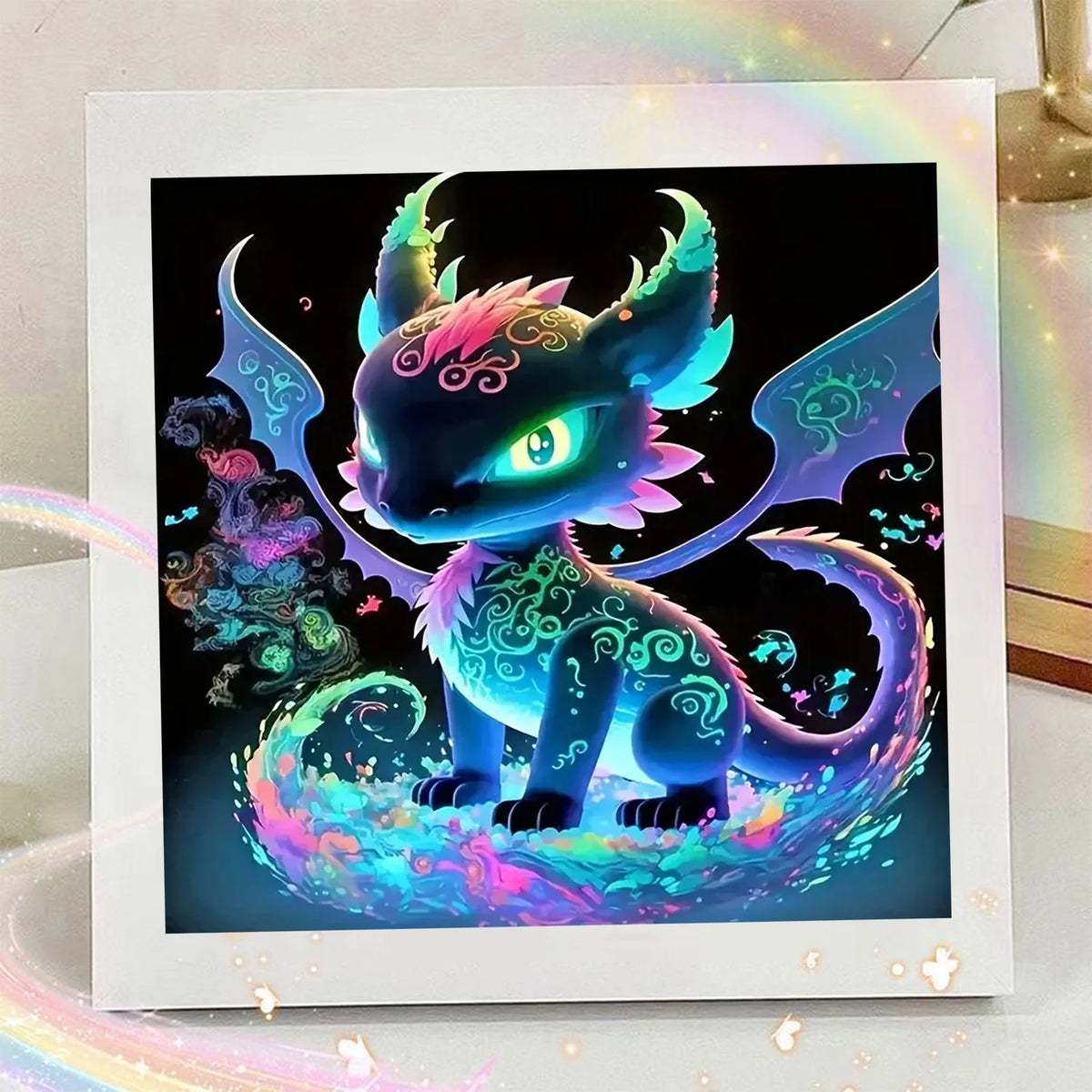A vibrant illustration of a dark purple dragon with glowing green eyes and purple wings set against a dark background.